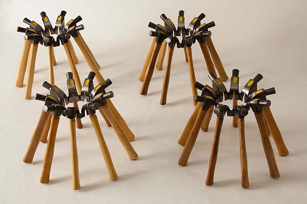 Posh furniture made using hardware, shovels and hammers